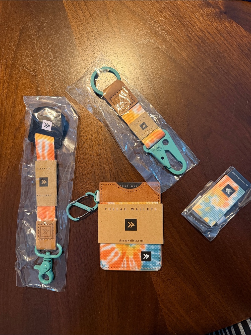 Kavu Tie-Dye Orange Blue Thread Wallet Card Holder with Teal Hardware